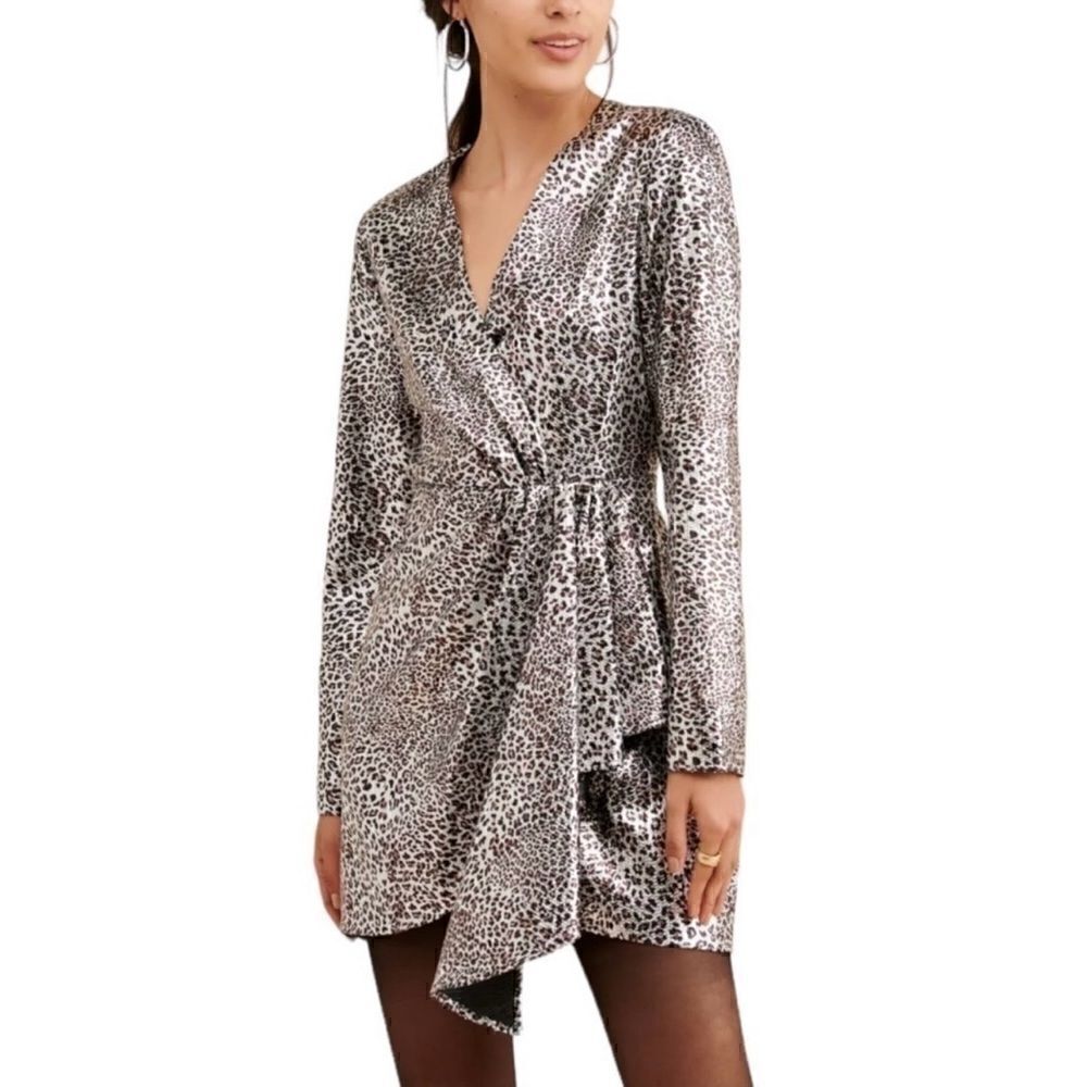 Ronny KoBo Leopard Print Silver Metallic Faux Wrap Dress